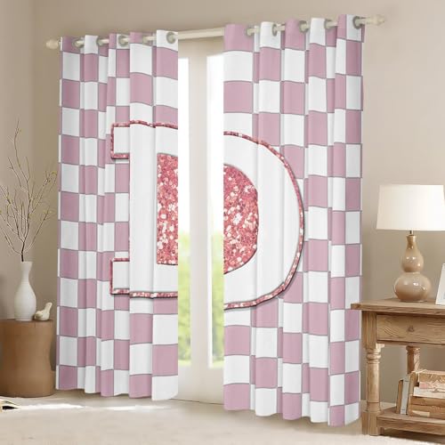 Image of Erosebridal Pink Initial D Window Drapes Kawaii Plaid Checkered Blackout Curtains 52 inchWx84 inchL Cute Personalized Monogram Curtains for Kids Girls Bedroom,Fashion Grids Gingham Window Treatments 2 Panels