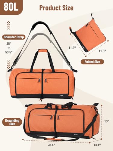 Image of Lekesky Foldable Travel Duffel Bag for Women, 80L Large Duffle Bag with Separate Shoes Compartments & Straps, Carry On Weekend Bag for Women, Hospital, Overnight(Orange)