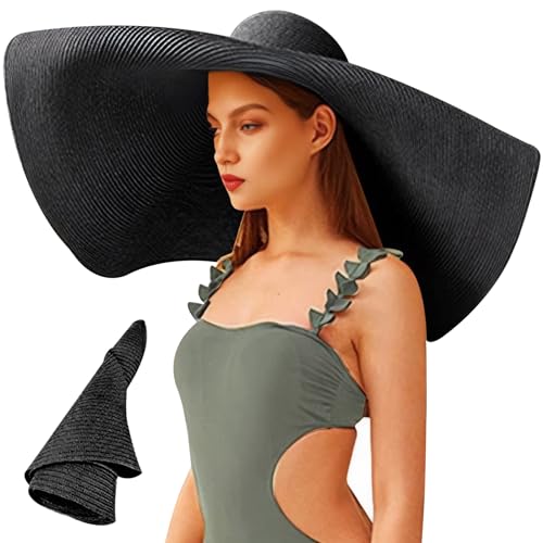BEAHING Chapeau Surdimensionné à Grand Bord pour Les Femmes - 28in UV Protection du Paille à la Mode Summer Black Beach pour la Photographie de Vacances