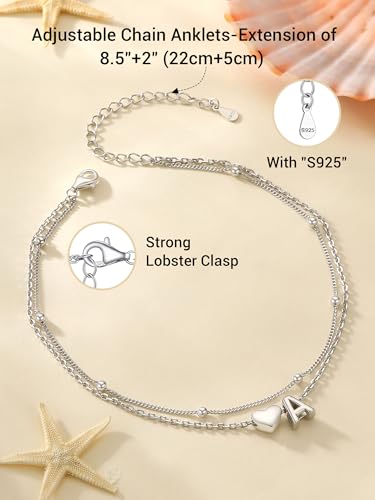 Image of PROSILVER Ankle Bracelets for Women S925 Sterling Silver Anklets for Women Waterproof, Dainty Layered Heart Anklet, Beach Initial Anklet for Summer, Letter A-Z