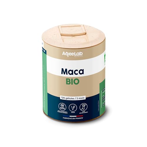 Maca Bio du Pérou 120 Gélules - 100% Maca Bio, 1300 mg par portion, certifié biologique, sans OGM • Made in France • Eco-responsable • AqeeLab Nutrition