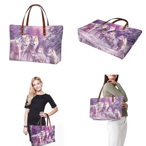 Image of 3D Wolf Top Handle Purse with Wallet, Lightweight Handbag and Wallet Set for Women, Large Shoulder Tote Satchel Bag with PU Cosmetic Bag for Working, Shopping, Purple