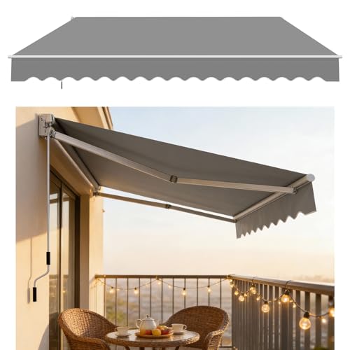 Aufun Tenda da sole manuale con braccio articolato, in alluminio e poliestere, retrattile, con manovella, impermeabile, anti-UV, per balcone, terrazza, esterno (250 x 200 cm, grigio)