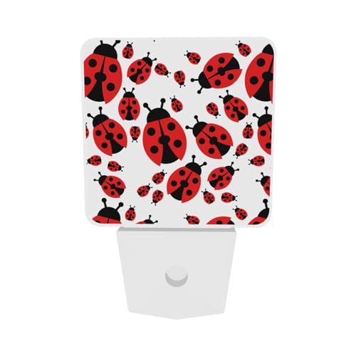 Image of Cartoon Red Ladybug Night Light Set of 2, Auto Sensor LED Dusk-to-Dawn Nightlights, Plug-in Sensor Lamp for Bedroom Bathroom Kitchen Hallway Stairs Decorative