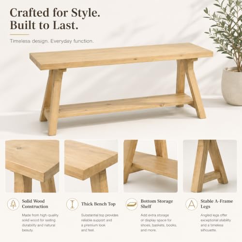 Image of Solid Wood Entryway Bench 43'' Farmhouse with Bottom Storage Shelf