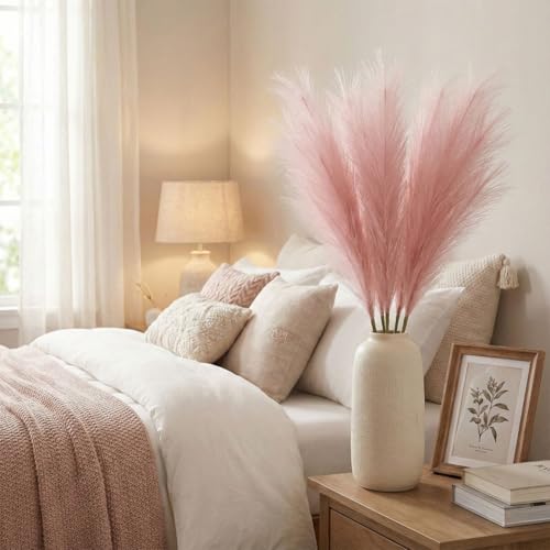 Image of Pack of 4 Pcs Artificial Flowers Faux Pampas Grass Small Fake Flower Plant for Home Decor, Office, Bedroom, Living Room, Table Decoration, Dried Plants (Without Vase Pot) (Pink)