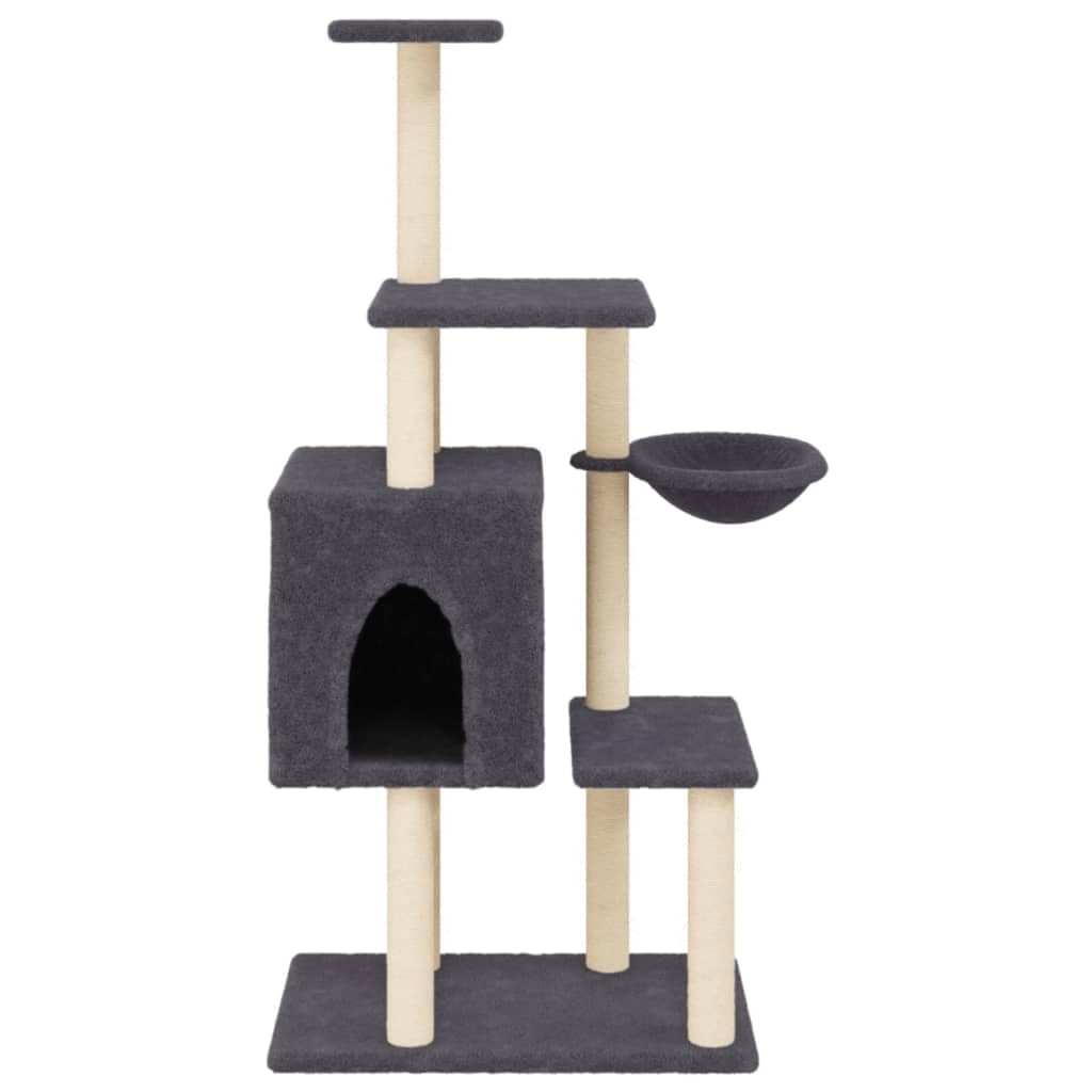Rascador para gatos con columnas rascadoras de sisal, gris oscuro, de felpa, 131 cm, grande, estable, con cueva, superficies de descanso y muebles rascadores para casa y esquina