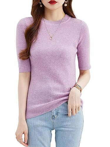 Women Summer Fall 100% Merino Wool Half Sleeve Crewneck Knit Pullovers Soft Sweater3