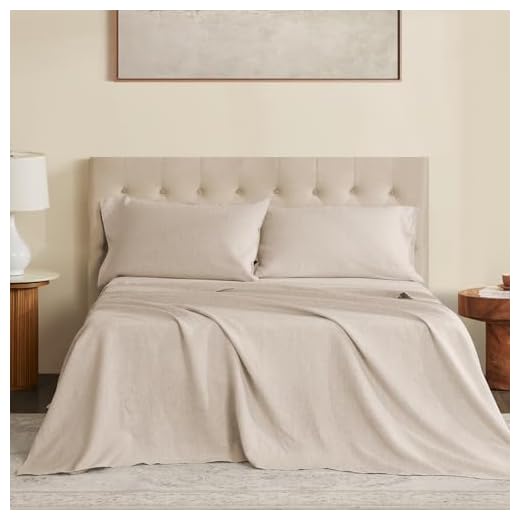 DAPU Pure Linen Sheets Set, 100% French Linen from Normandy, Breathable and Durable for Hot Sleepers, 4 Pcs Set - 1 Flat Sheet, 1 Fitted Sheet, 2 Pillowcases (Natural Linen, Queen)