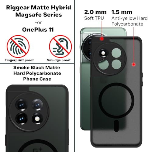 Image of RIGGEAR Shockproof Sleek Hybrid Armor Back Cover Case Compatible with MagSafe Accessories for OnePlus 11 (Smoke Black Matte PC + Black TPU Bumper)