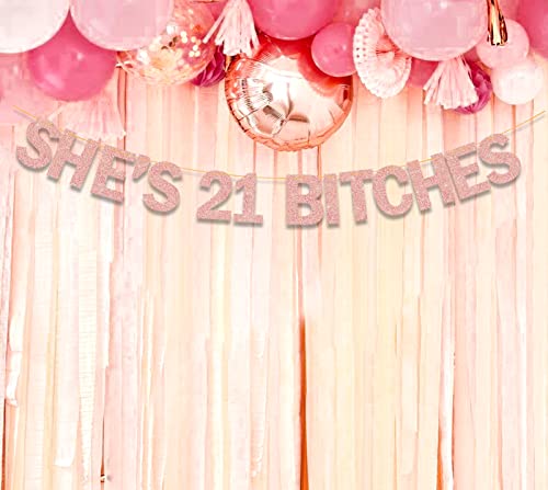 Image of She's 21 Bitches Banner 21st Birthday Decorations for Her Women, Funny Glitter Rose Gold Banner