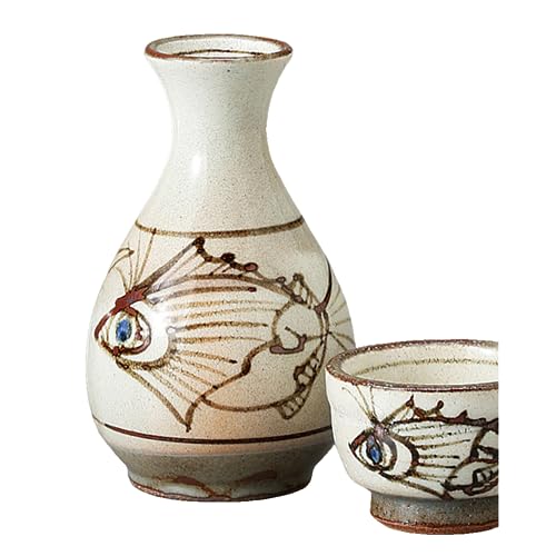 エールネット(Ale-net) 酒器セット 徳利 おちょこ セット 径7×高11.7cm 200ml 粉引唐草魚紋 1号 徳利セット 陶器 美濃焼 熱燗 燗瓶 冷酒 日本酒