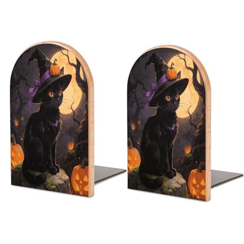 Sujetalibros de madera hecho a mano Witch Cat, soporte decorativo resistente y duradero 2