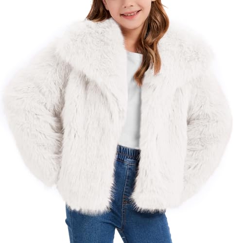 Flygo Girls Faux Fur Coat Kids Fluffy Long Sleeve Lapel Collar Open Front Jacket Warm Winter Shaggy Outwear with Pockets(White-S)
