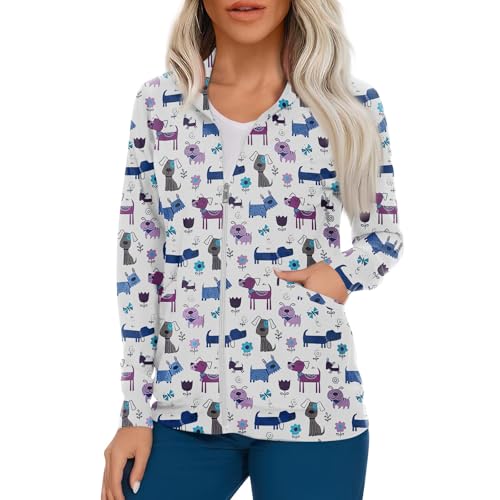 Scrub Jackets for Woman Zip Up Long Sleeve Tops Print Plus Size Womens Scrubs for Women Nursing Shirts with Pockets