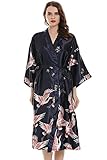  YAOMEI Kimono Robe Femmes Longue, Femmes Chemises de Nuit Grue Fleurs, Soyeux Robe Peignoir en Satin de Soie Robe de Nuit de Demoiselle d\'honneur Pyjamas Version étendue (XL (50-56EU), Bleu)
