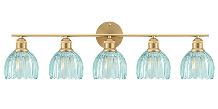 Image of Bathroom Light Fixtures, 5-Light Brushed Gold Vanity Lights for Bathroom with Blue Tulip Glass Shade, 30 inch Vintage Bathroom Vanity Lighting Fixtures Over Mirror for Bedroom Living Room Hallway