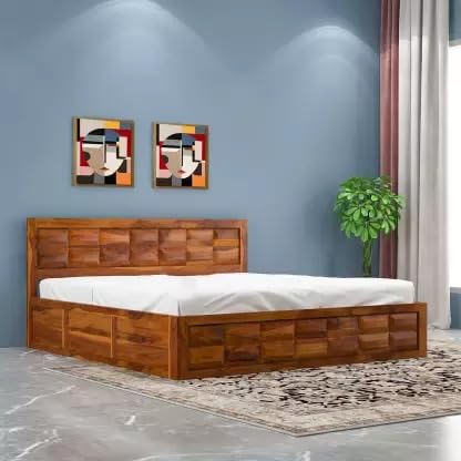 Image of Solid Wood Queen Box Bed (Finish Color - Walnut, Delivery Condition - DIY (Do-It-Yourself))