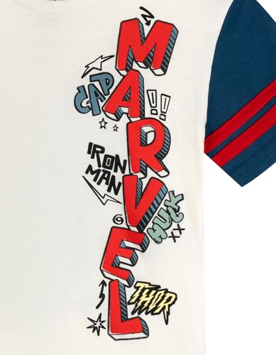 Image of Marvel Avengers Big Boys' 2-Piece T-Shirt and Shorts Set Ivory Blue 10-12 | 100% Cotton, Contrast Raglan Sleeves, Puff Screenprint Logo, French Terry Shorts with Pockets