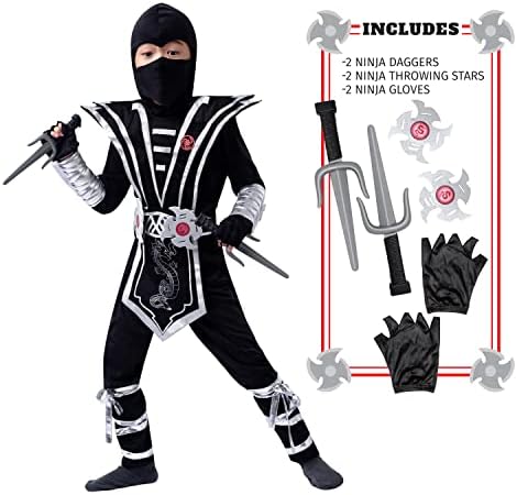 Spooktacular Creations Silver Ninja Deluxe Costume Set with Ninja Foam Accessories toys for Kids Kung Fu Outfit Halloween Ideas (M 7-9)