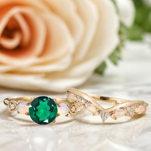 10K 14K 18K Solid Gold 1.5CT Round Shape Gemstone Engagement Ring Set for Women Birthstone Ring with Opal Vintage Bridal Wedding Rings Set Anniversary Christmas Gift Size 4-153