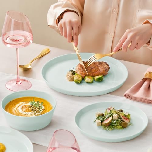 Image of KINGSTONE 24-Piece Bone China Dinnerware Sets, Mint Green | Lightweight Plates & Bowls Set | Straight Rim Bowl Dinner Set | Scratch Resistant | Microwave & Dishwasher Safe | Serves 8
