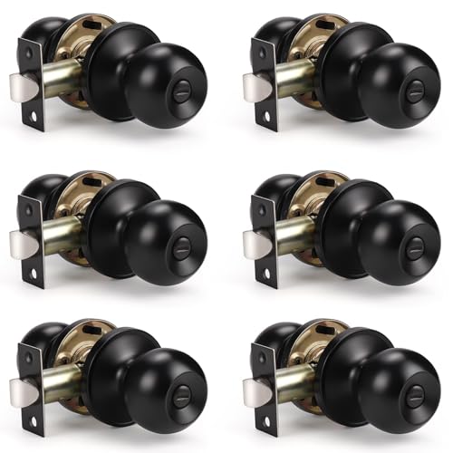 KNOBWELL 6 Pack Matte Black Interior Door Knob, Privacy Door Knobs with Lock, Bathroom Bathroom Door Knob, Interior Door Use (No Keys)