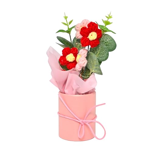 Image of Cortina Plastic Handmade Crochet Artificial Flowers with Light|Aesthetic Room Decor, Living & Bedroom Decor|Artificial Flower Wall Decor|Great for Gifting - Pink and Yellow - 8.12x6.35x19.8 CM