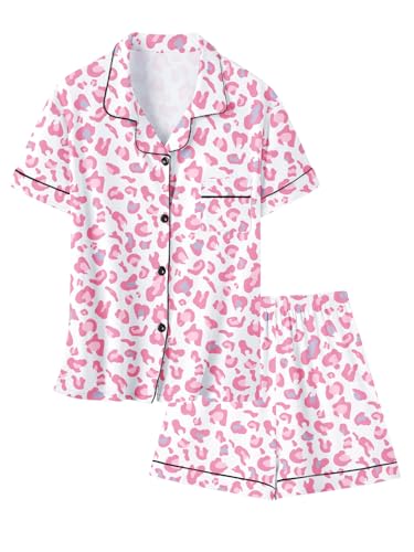 Umeyda Girls Pajamas Set, 2Pj Nightwear Button-Down Sleepwear, Pink Leopard, 11-12 Years