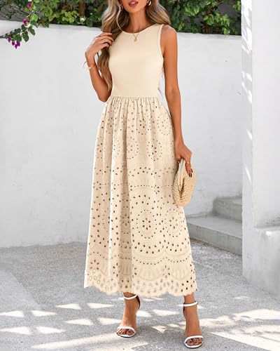 Image of dowerme Women Summer Dresses 2026 Casual Sleeveless Crewneck A-Line Boho Lace Eyelet Cotton Tank Maxi Dress with Pockets