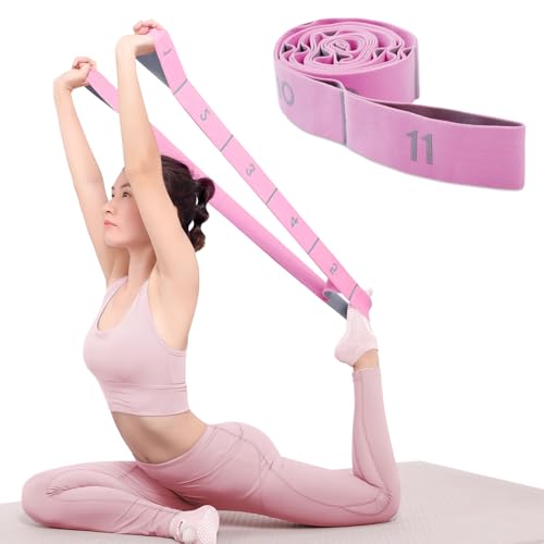 11 Loops Stretch Strap - Yoga, Pilates, Ballet, Physical Therapy Stretching Band for Flexibility, Leg Stretching, Exercise - Durable Stretch Out Strap with Loops for Dance and Fitness (11 Grids-Pink)