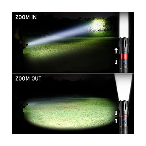 Blukar LED Taschenlampe Aufladbar, Extrem Helle Zoombares Taschenlampen mit 5 Lichtmodi und Langer Betriebsdauer, IPX6 Wasserdichte Handlampe für Camping, Wandern, Angeln, Notfäll [2 Stück]-Schwarz – Bild 4