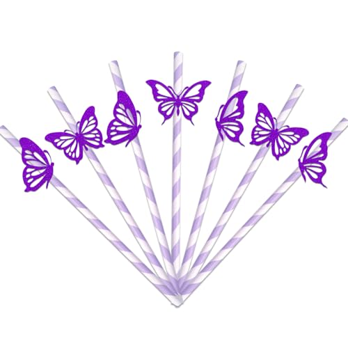 Lot de 24 pailles en papier en forme de papillon, décoration de fête d'anniversaire, décoration de fête prénatale à thème papillon, fournitures de mariage sur le thème des papillons, violet pailleté