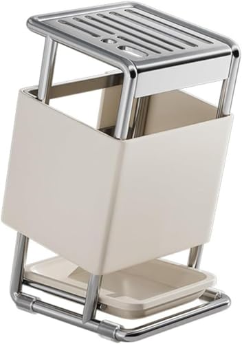 包丁立て ステンレス鋼製 包丁スタンド 多機能防錆設計 斜めデザイン 水切りトレー付き 9スロット 研ぎ棒収納 ナイフラック 通気性 おしゃれ モダン 台置き 万能刃物ホルダー 箸・はさみ収納 キッチン収納 お手入れ簡単 耐久性 家庭用 業務用 (ホワイト