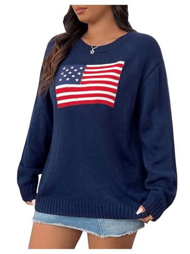 GORGLITTER Women's Plus Size American Flag Sweater Fall Chunky Oversized Long Sleeve Crew Neck Knit Tops