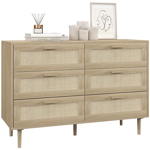HOMCOM Cassettiera 6 Cassetti in Stile Bohemien per Soggiorno, Cassettiera Camera da Letto Boho in Legno e Rattan, 110x40x75 cm, color Legno