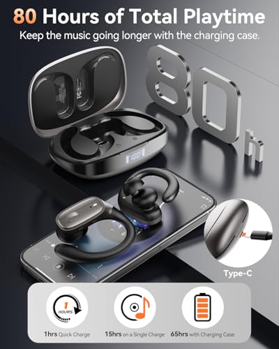 Image of LEEMC Wireless Earbuds, Bluetooth Headphones 5.4, Ear Buds with Hooks for Sports, 80Hr Playtime Earphones, LED Display, IPX7 Waterproof Headset for Workout Running, Taupe