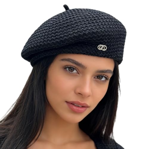 HIQIU Baskenmütze Damen Sommer Frühling aus Baumwolle und Leinen - Stilvoll Dünn Atmungsaktiv Beret Hut Frauen Künstler Maler Mütze (DE/NL/SE/PL Numerisch 56 58 Schwarz)