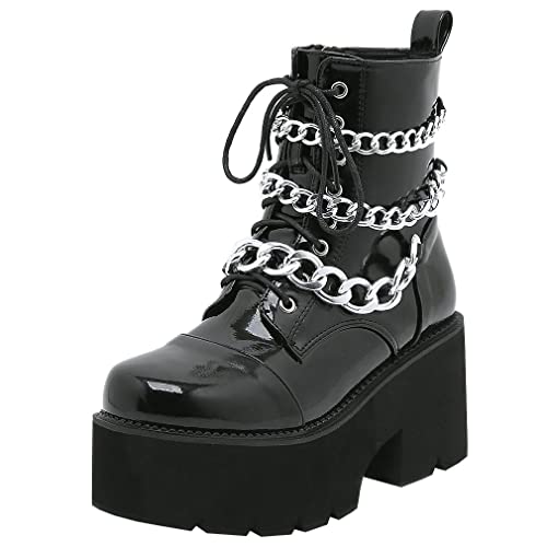 Image of Parisuit Womens Goth Patent Ankle Boots Platform Chunky Combat Boots | Lace Up, Gothic Boots, High Heel, Punk Short Booties, Buckle Boots, Chain Boots
