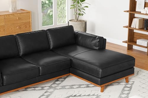 Image of Valencia Artisan Full Leather Sofa - Right Chaise Sectional Couch - Pure Full Italian Nappa Leather Couch, Solid Wood Accent and Ultimate Comfort, Black