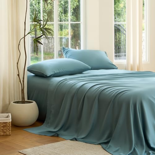 Image of DOZ Sheet Set, 100% Viscose derived from Bamboo, Organically Grown, Buttery Soft, Cooling Sheets, High GSM, Deep Pockets - 4 Piece - 2 Pillowcases 1 Fitted 1 Top Sheet (Teal, King)