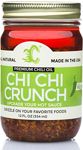 Chi Chi Crunch - (Mild Heat) Premium Chili Crisp Sauce with Olive Oil and Crunchy Garlic (Large 12 OZ) Versatile Condiment Vegan & Keto Friendly Made in USA