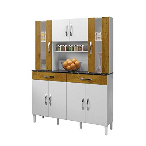 Armário de Cozinha 8 Portas 2 com Vidro 2 Gavetas Arte Móveis Branco/Ipê