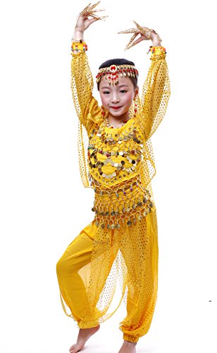 Astage Girls Long Sleeve Belly Dance Carnival Sets All Accessories Yellow L