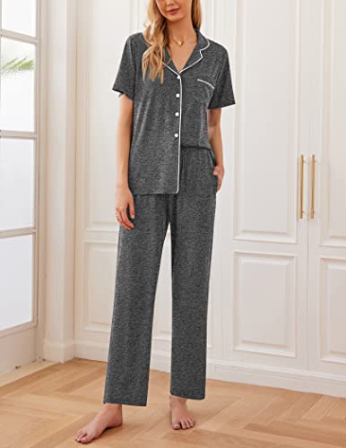 Image of Ekouaer Womens Pajamas Set Short Sleeve Button Down Top & Pants Lounge Pjs | Soft Sleepwear with long pants, ideal for Home relaxation, Wedding, Party, Daily Wear & Breastfeeding