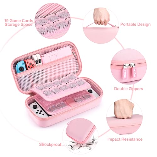 Image of innoAura Switch OLED Case 19-in-1 Bundle for NS Switch OLED (2021), with Carrying Case, Screen Protector, Stand and Thumb Grips, Pink