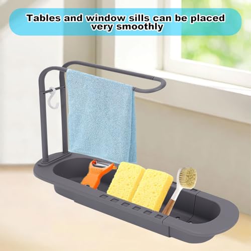 Organizador telescópico para fregadero con 3 esponjas, estante extensible para cocina con colgador de toallas (gris) miniatura 6