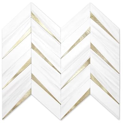 STICKGOO 10-Sheet Herringbone Tile Peel and Stick Backsplash, Dolomite White Mixed Light Gold PVC Stick on Backsplash, Self Adhesive Wall Tile for Kitchen and Bathroom