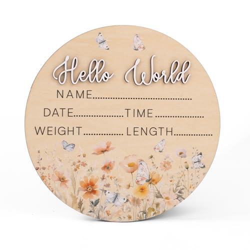 Image of Hello World Wooden Baby Birth Announcement Sign - Floral Butterfly Name Plaque with 3D Lettering - Baby Stats Board for Newborn Photo Prop or Nursery Decor