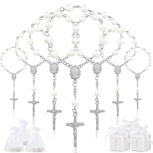 SWAWIS 50 Pezzi Mini Rosario Bomboniere Battesimo Bomboniere Comunione Bambino con 50 Scatole Regalo 50 Sacchetti di Filo Decorazioni Prima Comunione per Battesimo Comunione Matrimonio, Argento